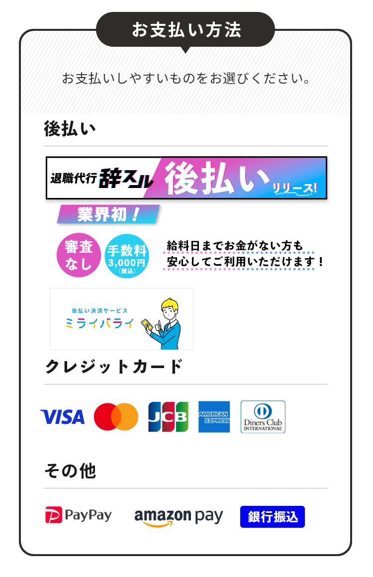 支払方法|クレジットカード|銀行振込|PayPay|AmazonPay|辞スルあと払い